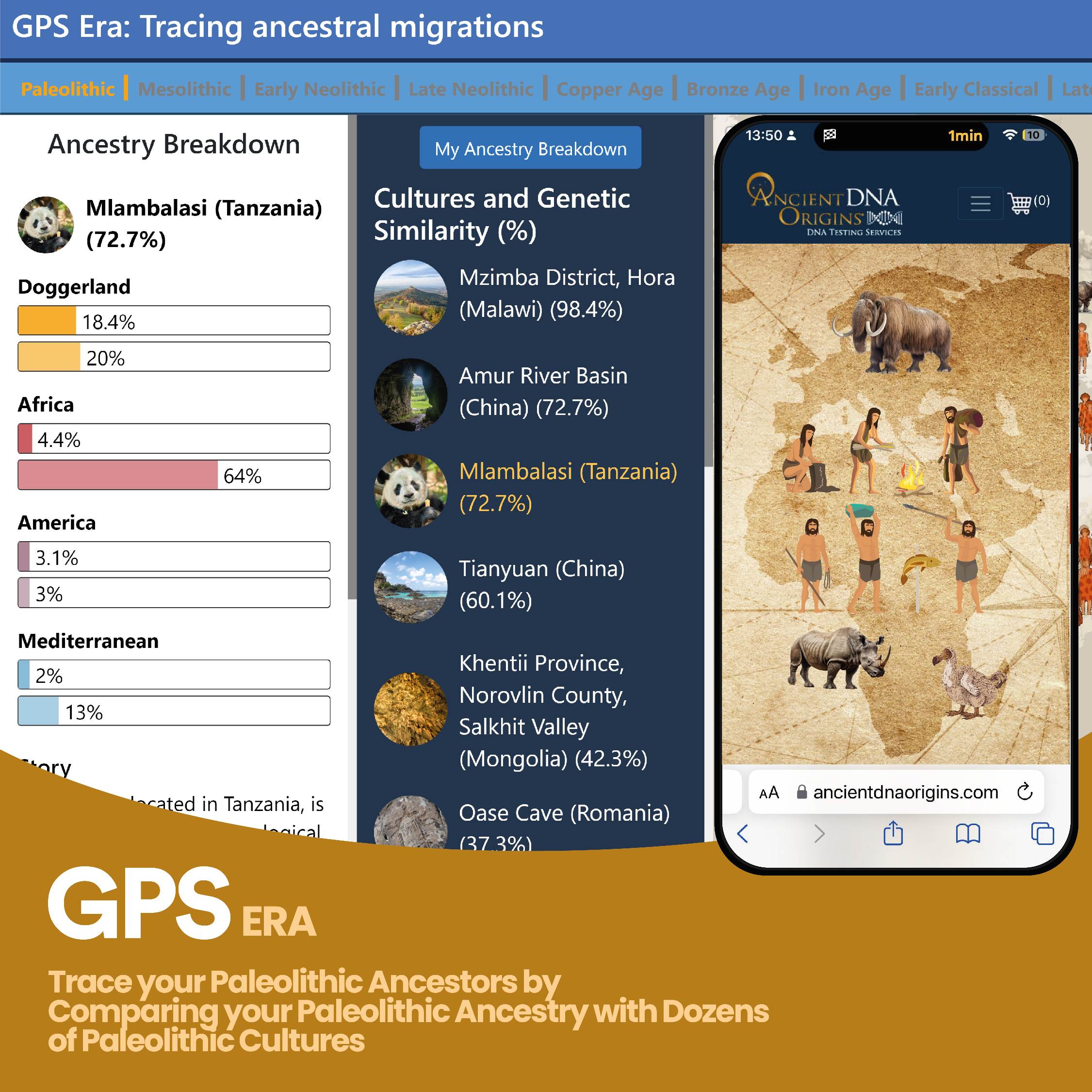 Trace your prehistoric ancestry by comparing your Paleolithic heritage with dozens of Paleolithic cultures